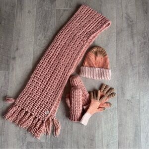 Universal Thread Pink and Brown Hat, Scarf, and Knit Gloves
